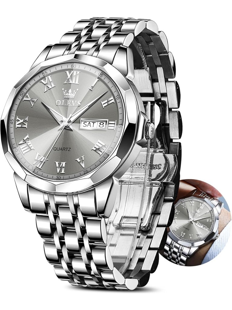 Men's Silver Grey Face Stainless Steel Luminous Quartz Waterproof Classic Watch